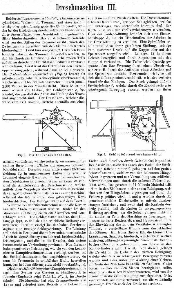 Meyers Konversationslexikon, 5. Auflage, über die Dreschmaschine