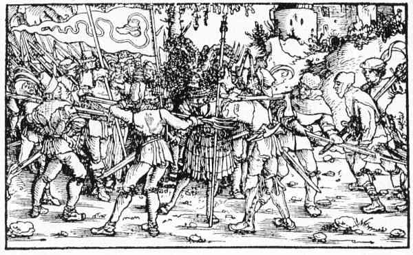 Verhandlung aufständischer Bauern mit einem Adligen, Holzschnitt des Petrarca-Meisters, 1519/1520
